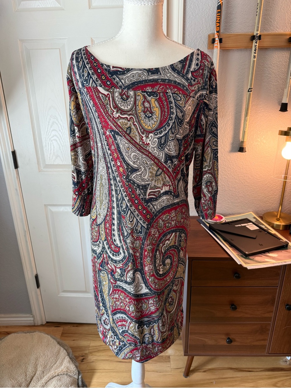 Audrey Whitmore Paisley Long Sleeve Scoop Neck Dress in Red, Navy, Cream